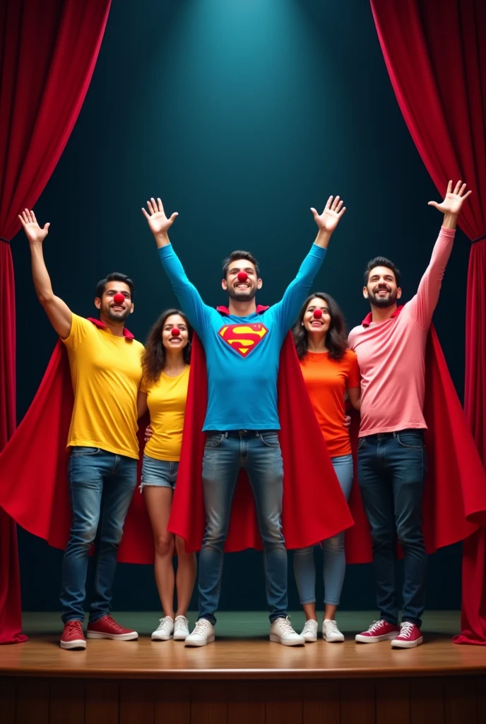 Group of 5 ordinary people, They have Latin features, men and women, between 8 and 60 years of age, dressed as superman with a cape, They wear colorful shirts, They wear a small red Clown nose, They have their arms raised and have expressions of joy, They are standing in the middle of a theatre stage with the curtain open. 