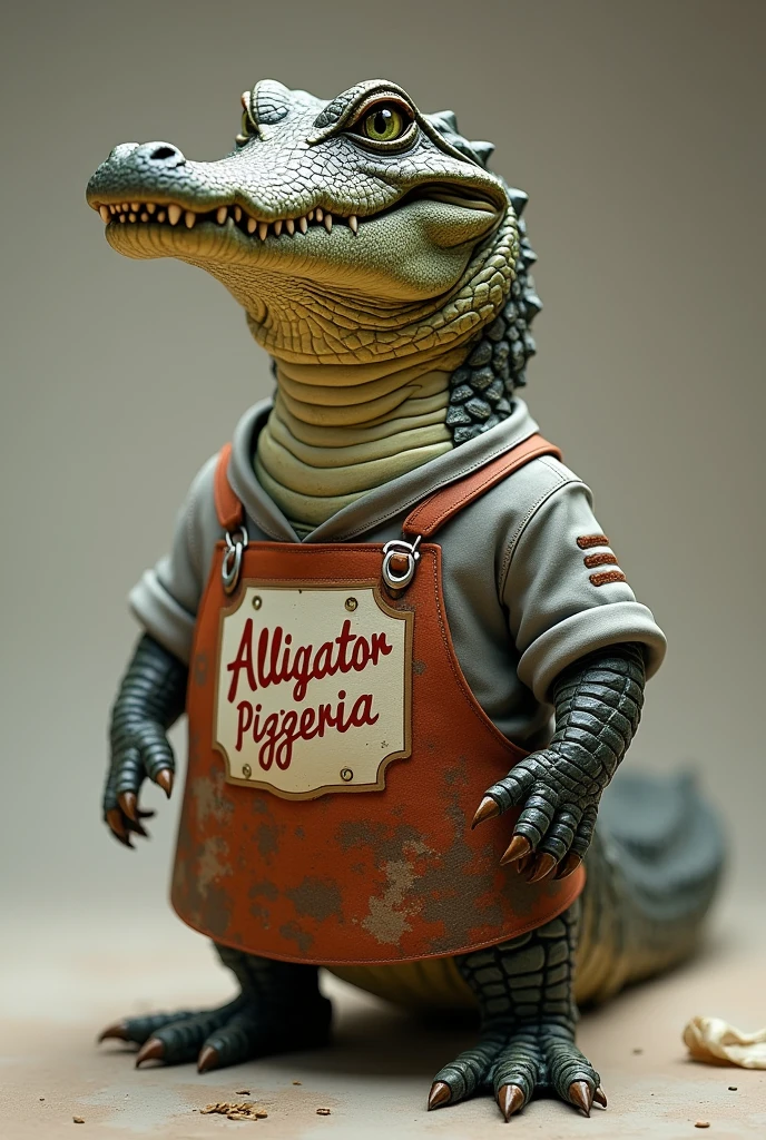 Realistic alligator wearing clothes with print saying alligator pizzeria