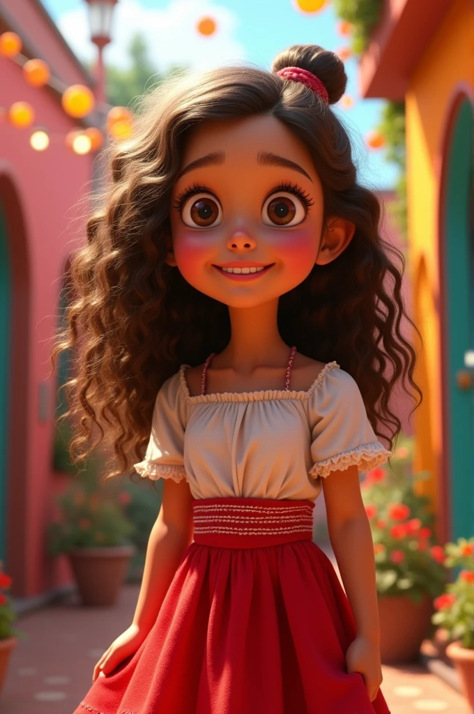 a  child with medium to long, very curly brown hair, eyes browns , skin fair. dressed in a red skirt dress and white top Mexican mariachi style without a bun hat with the background of the movie Viva la Vida is a Party by Disney Pixar with Mexican skulls 