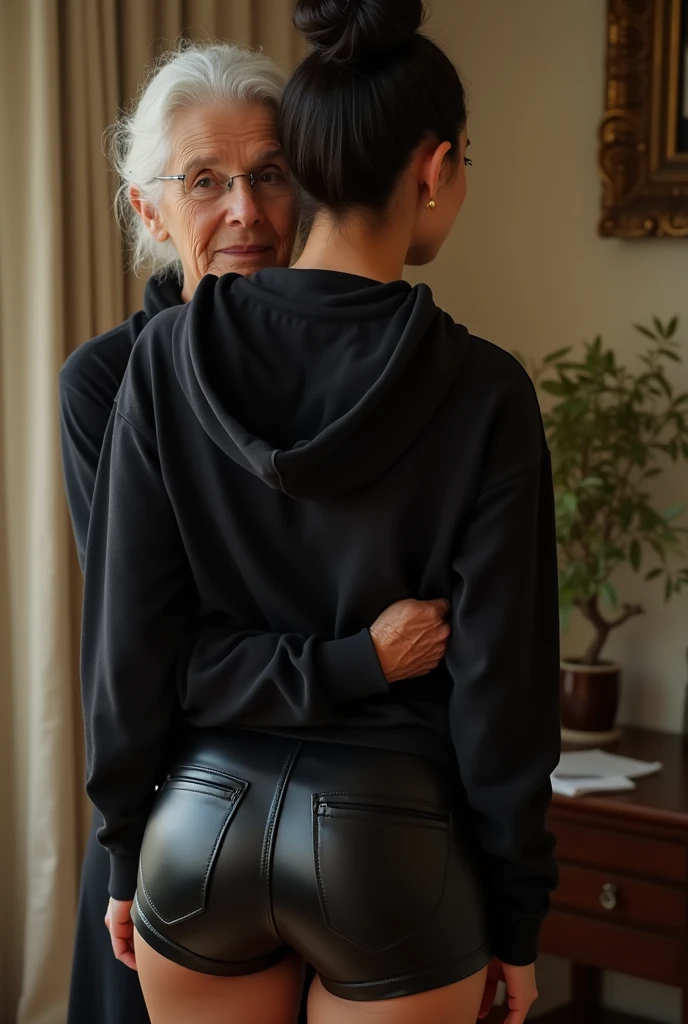 black woman hair in a bun black hoodie black leather short shorts being fucked in the ass by a old grandma in a dress