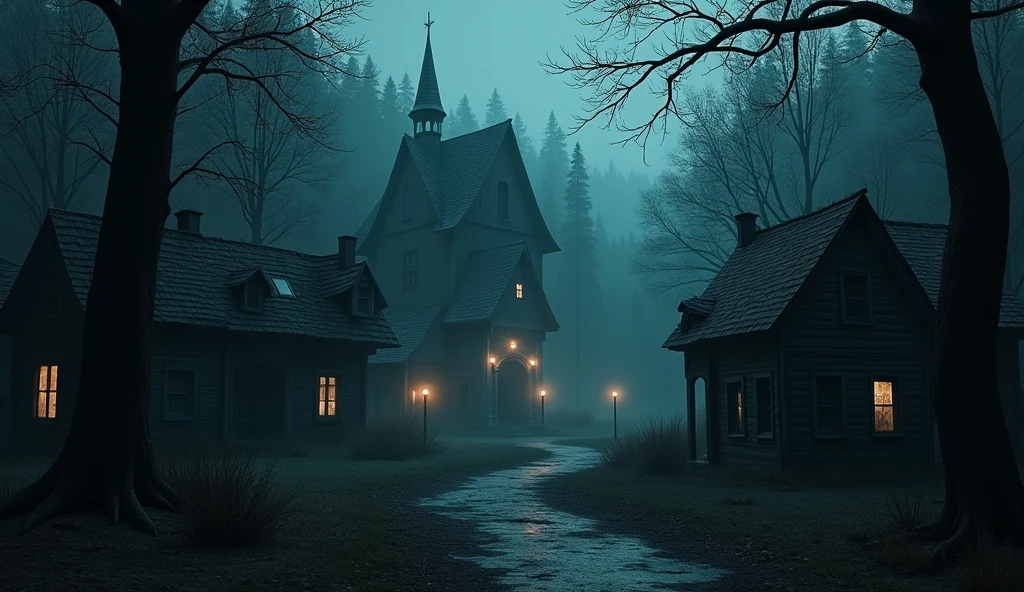 3D animated style image of a dark and forgotten town with some lights and surrounded by a thick forest seen in the distance