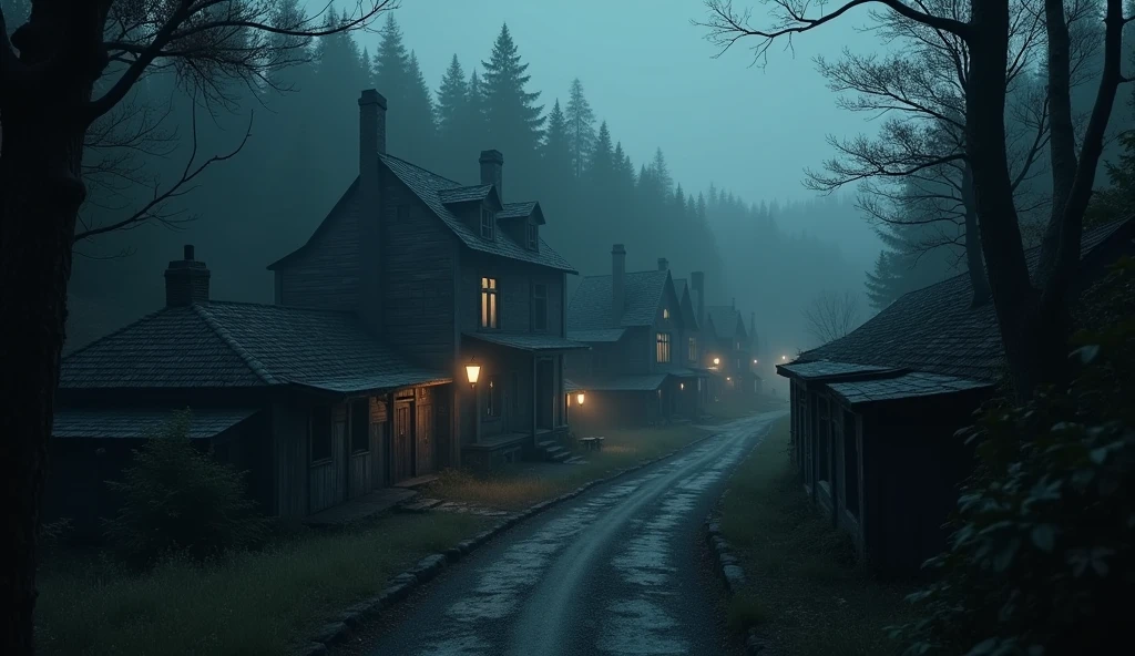 3D animated style image of a dark and forgotten town with some lights and surrounded by a thick forest seen in the distance