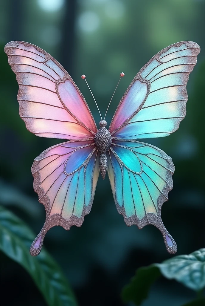 Morpho aurora butterfly with half pastel pink and half turquoise with shiny silver details