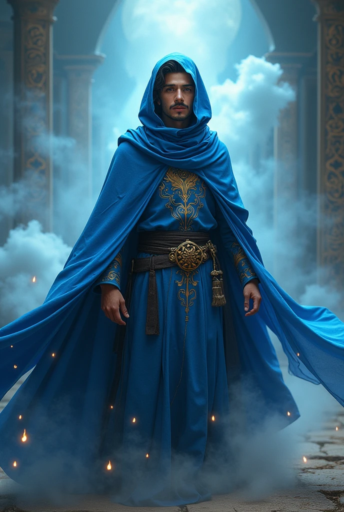 Young Arab wizard in blue cape with mustache and hat 