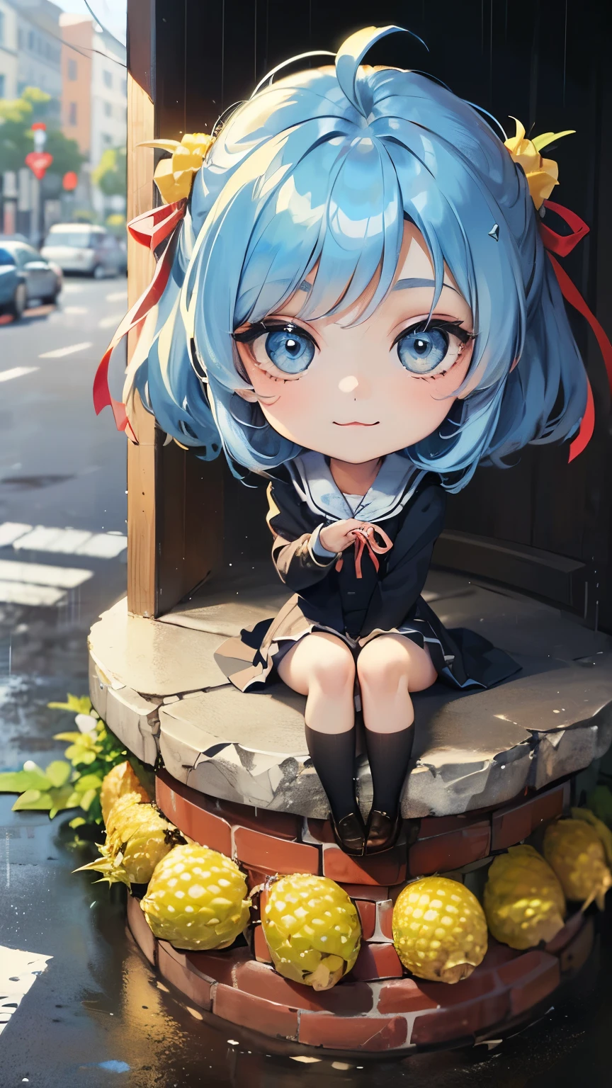 (Masterpiece、Fresh pineapple:1.5)、(Highest quality,Super detailed:1.2),(High resolution,Very detailed,unity 8k wallpaper,An illustration、Contemporary art like a picture book:1.3)、(Chibi Body、Small face、Young face、Complete face parts、smile、Light blue hair color, Short chignon hair:1.3),(Very detailed目、Golden Eyes、eye make up、humans skeleton、Beautiful breast growth、 :3, Ahoge:1.2)、(Carefully drawn fingertips、Beautiful human hands、Carefully drawn fingers、gloss々Skin、Slender、Arms crossed、Thin thighs、Thin legs:1.2)、(Look up at the sky、quiet streetscape、In the storm、after the rain、Big ribbon、school uniform、Chibi Uniform:1.4)