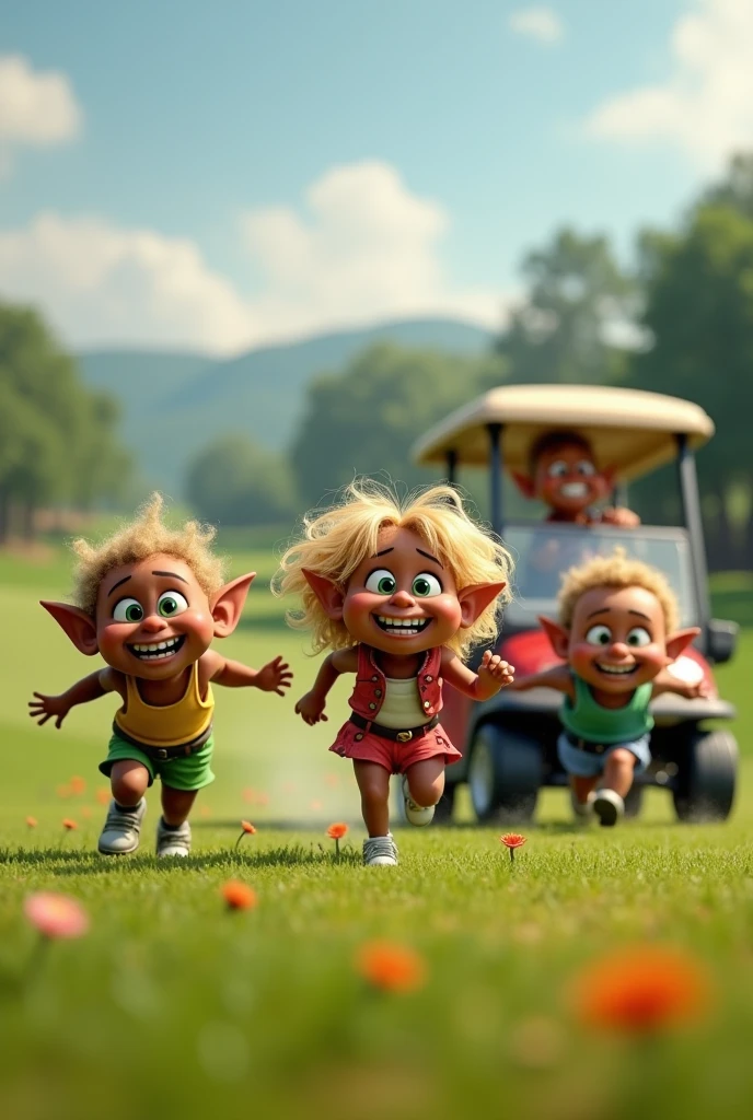 Make a running black skin with green eyes with blonde curly hair make three gnome running from a golf cart while dancing