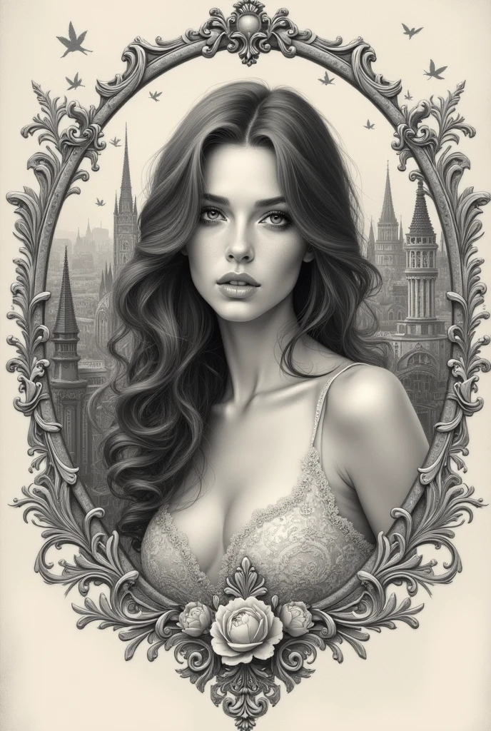 a sketch of a beautiful gorgeous sexy girl and Victorian city,
