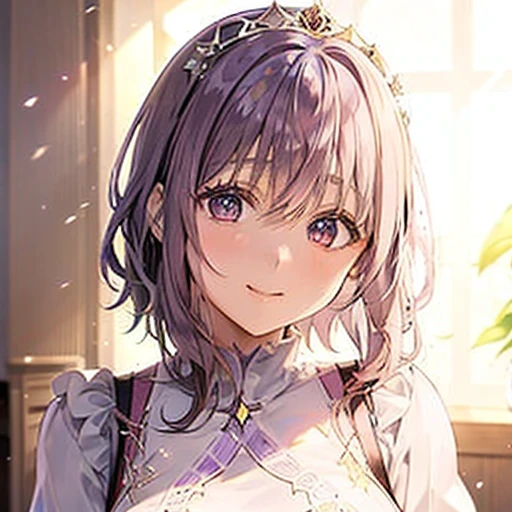 Young elementary school student, girl, princess, light purple hair, side ponytail, big princess crown, purple eyes, white dress, Middle Ages, gentle smile, sunlight, castle interior, red carpet