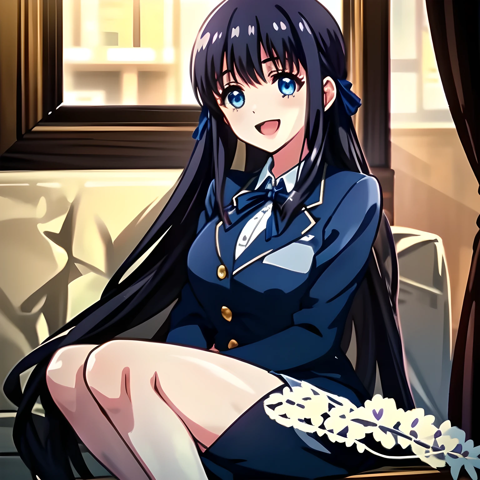 (highest quality, masterpiece, Full HD, High definition: 1.2), (Game CG art of beautiful laughing seated girl: 1.2), (Just one very beautiful date-game heroine who is looking and laughing at me, Very detailed cute **** heroine's eyes and face, Beautiful eyes with detailed: 1.0),  (Girl whom everyone loves because of her beauty and lovely fashion and noble manner. : 1.0),  (Very beautiful, wavy, cutely shining super-super-long blue hair, with elegant hair ribbons: 1.0), (Laughing very beautiful and lovely sapphire-blue intelligent eyes which charms and enslave me inevitably, with clearly detailed: 1.4), (Eyes are clearly detailed), (very long eyelashes: 1.0), (Noble black neat sailor-styled formal school uniform with a noble expensive ribbon on the chest: 1.0), (Blue charming pleated school skirt: 1.0),  (Soprano singer of classic music: 1.4), (Can't stop giggling: 1.4)