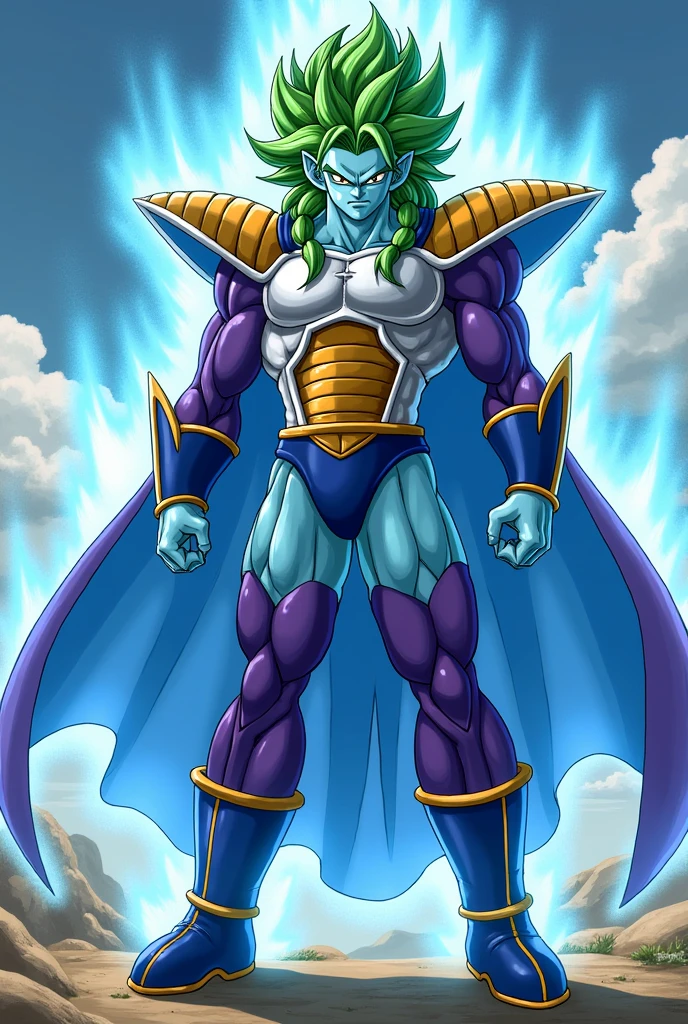 Zarbon drabon ball z male centered, light blue cape, light blue skin, Very Big Green Hair with Braids, trunk, ssmile, purple sleeves attached, saiyan armor, brief blue, 肌肉男, brown shoes, yellow  eyes, aretes, nube, blue thighhighs, voo, use an aura, serious expression, light from the hands, ( highest quallity, work of art).