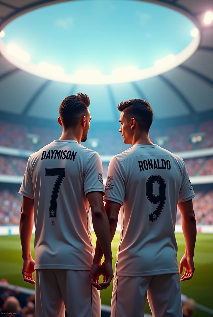 
an adult with the real Madrid shirt with the name "daymison" number 7 on his back walking around the stadium and Cristiano Ronaldo with the real Madrid shirt with the name "Ronaldo" with the number 9 on his back walking with daymison and talking (Cristiano's hair short Ronaldo)