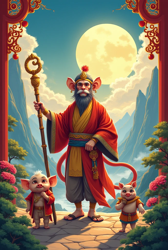 create poster about Journey to the West with monkey, pig and monk