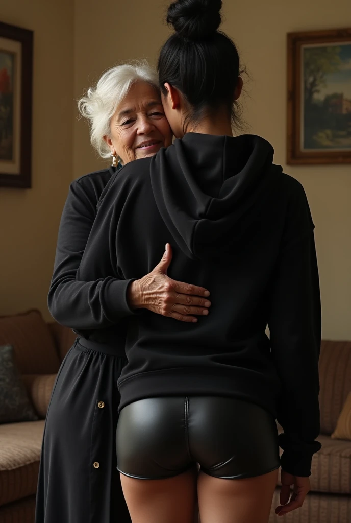black woman hair in a bun black hoodie black leather short shorts being fucked in the ass by a old grandma in a dress