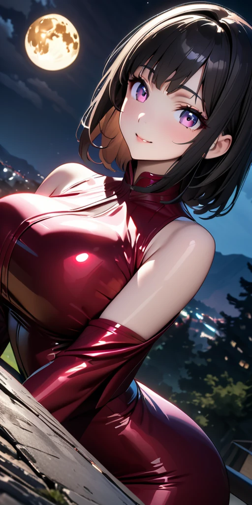 ((Highest quality、masterpiece、anime style、best quality、high resolution、8k、detailed、ultra-detailed:1.3))、Long legs:1.2, Beautiful woman with perfect figure:1.4、(Smiling:1.2), double eyelid、30-year-old female、((One Woman,beautiful face,Beautiful face、Japanes,night,upper body:1.2)),Big Breasts、High resolution, accurate, Anatomically correct, High-resolution model, high quality, Very detailed, Ultra high definition, Textured skin,((full moon,dynamic angle,looking at viewer,outdoor,Mysterious dress:1.2))