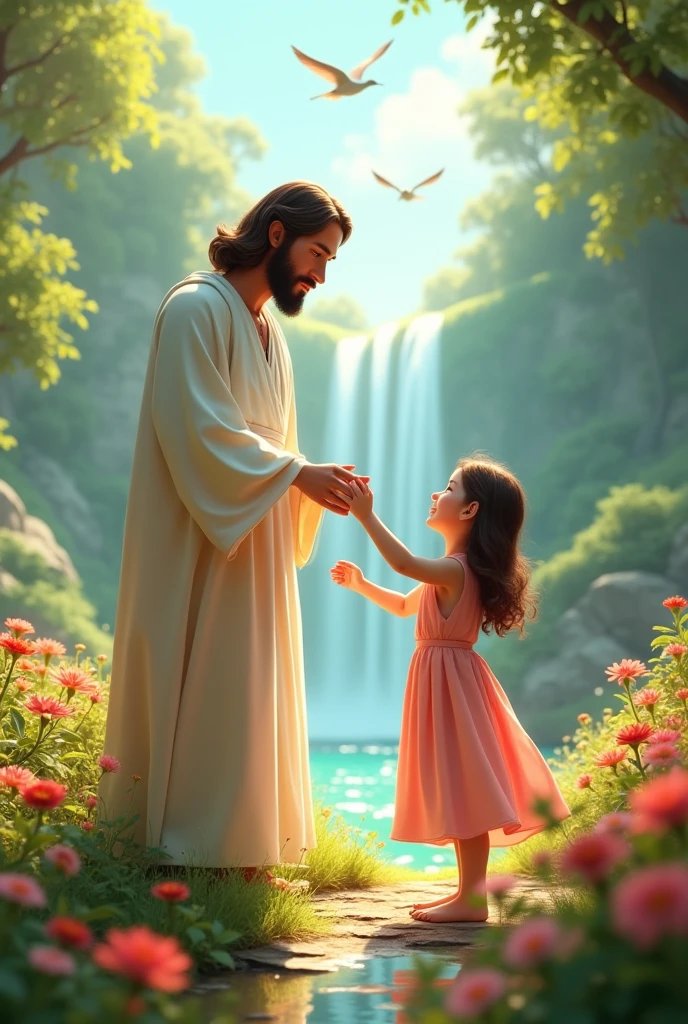 Create an image of Jesus from the biblical story, white gown.
Holding the hand of a child, in pink dress .
Environment with lots of flowers, waterfalls in the background with birds flying, in a sunny day.
Eat Disney Pixar 3D.