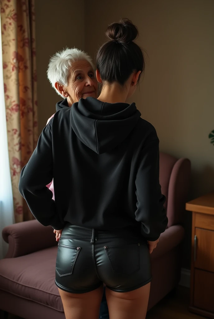 black woman hair in a bun black hoodie black leather short shorts being fucked in the ass by a old grandma in a dress