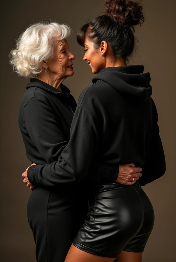 black woman hair in a bun black hoodie black leather short shorts being fucked in the ass by a old grandma in a dress