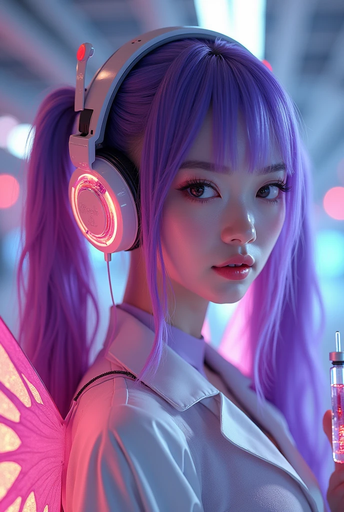 Mulher borboleta de cabelo roxo coreana de fone de ouvido com short roxo eHere is a detailed prompt for creating an image:
"A Korean woman with long, purple hair styled in two pigtails (Maria Chiquinha) stands confidently. She is depicted as a butterfly-themed figure with delicate, iridescent wings extending from her back. She wears a sleek, form-fitting scientist's outfit with a sexy twist, featuring a lab coat that is slightly open to reveal a stylish, tech-inspired bodysuit underneath. The woman also sports a pair of futuristic headphones. In one hand, she holds a syringe with a glowing liquid inside, giving off a sense of mystery and power. The background should be a blend of high-tech lab elements mixed with ethereal, butterfly-themed details, creating a fusion of science and fantasy." preto corpo inteiro