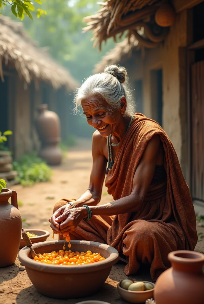 Village old lady making pickle or grinding masala in old traditional way and she should look happy