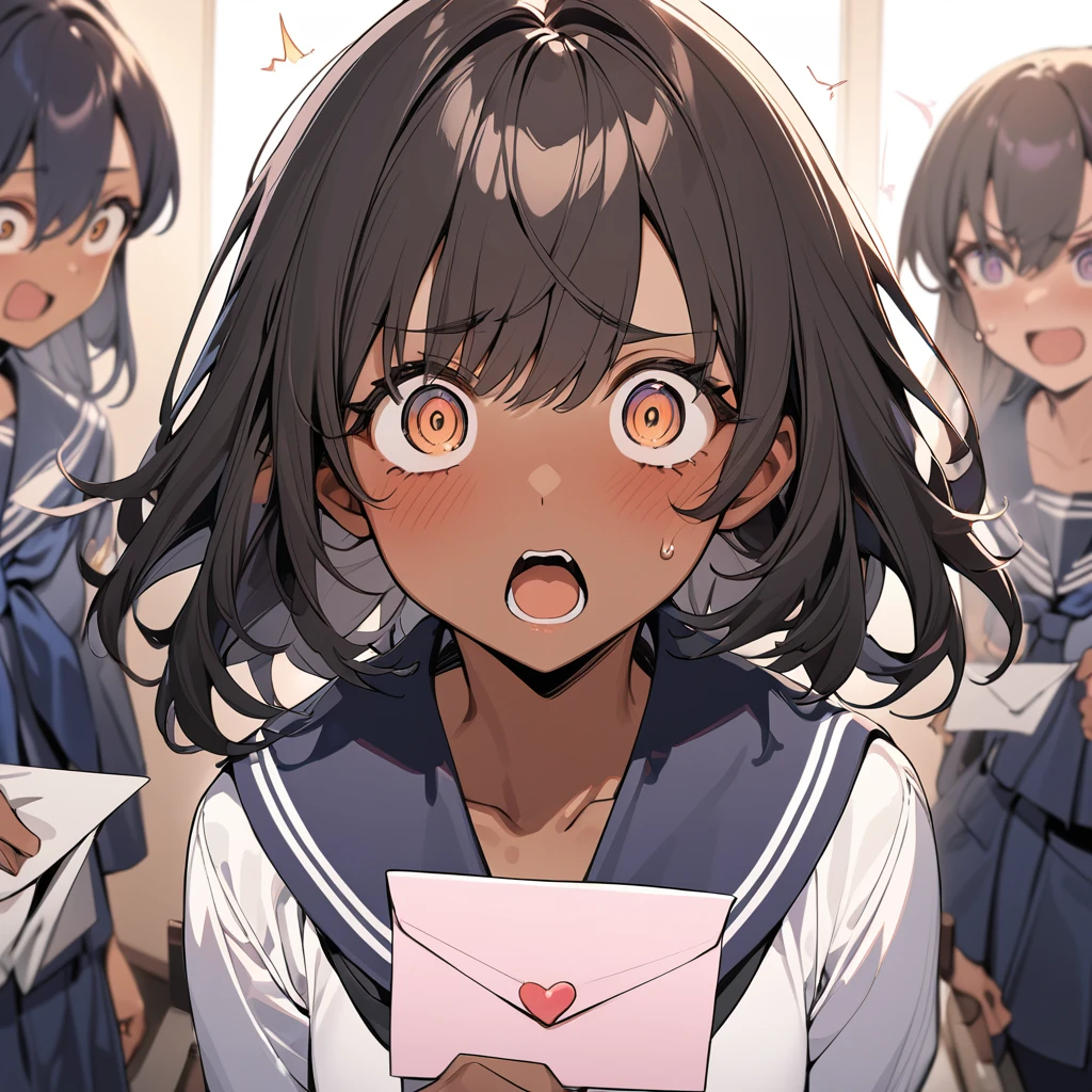 ((amazing quality, great quality, top quality, very aesthetic, aesthetic, best quality)),15yo,dark skin girl,sailor fuku,cleavage,having love letter,afternoon school class,surprised,shocked,stunned,upset,eyes widen,open mouth widen,Top view