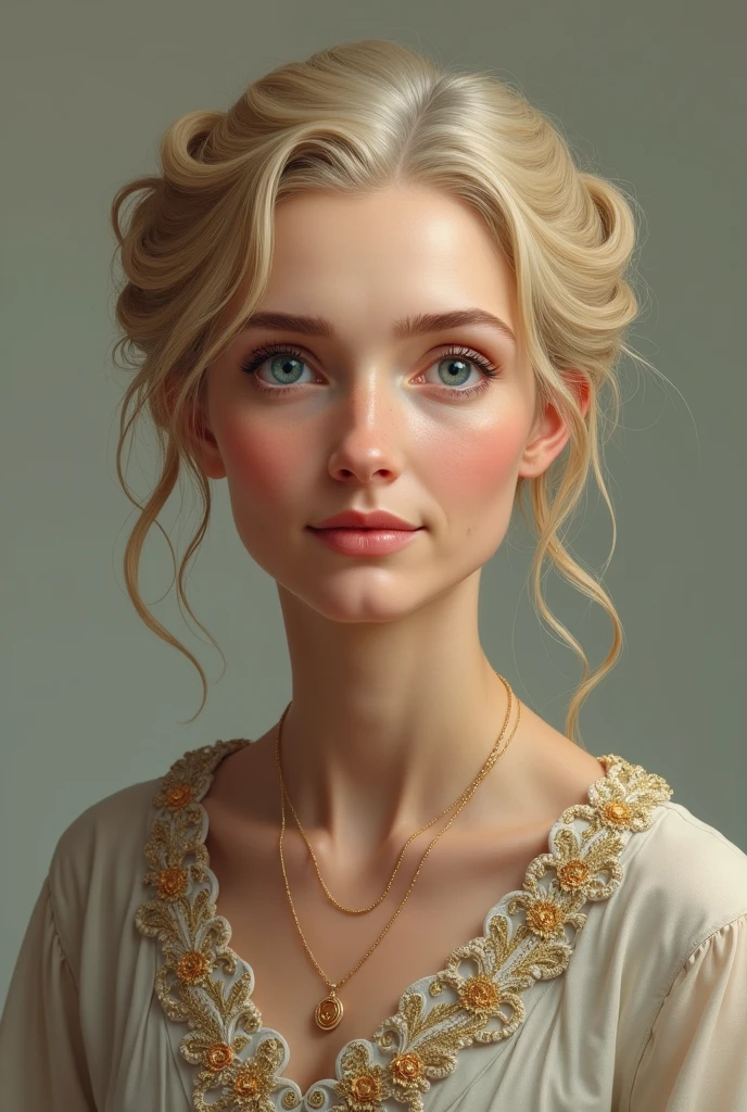 A grandmother with yellow hair,with an elegant dress,with bright blue eyes,with an elegant hairstyle