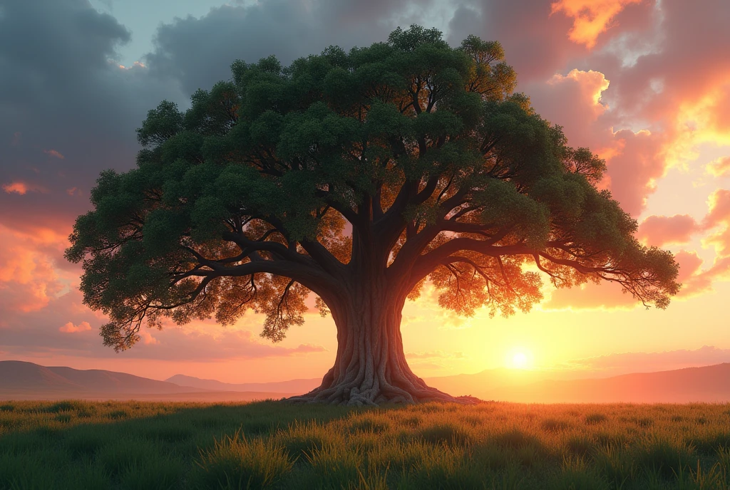 (8k, CRU photo, highest quality) The scene should be set in an open field with grass, with a massive tree at the center of the photo. The tree has a large trunk, and the sky should reflect a late sunny day with a sunset featuring red, orange, and blue hues. (((dynamic composition:1.3))), soft lighting, cinematic lighting, light volumetric, hyper-realistic, vivid details, clear as crystal, 8K UHD, ultra photo realism, best quality, work of art, extremely detailed CG, unity, wallpapers (realistic, photorealistic: 1.37), shining, fine-details, (((Depth of field:1.5))), (((atmospheric perspective:1.4)))