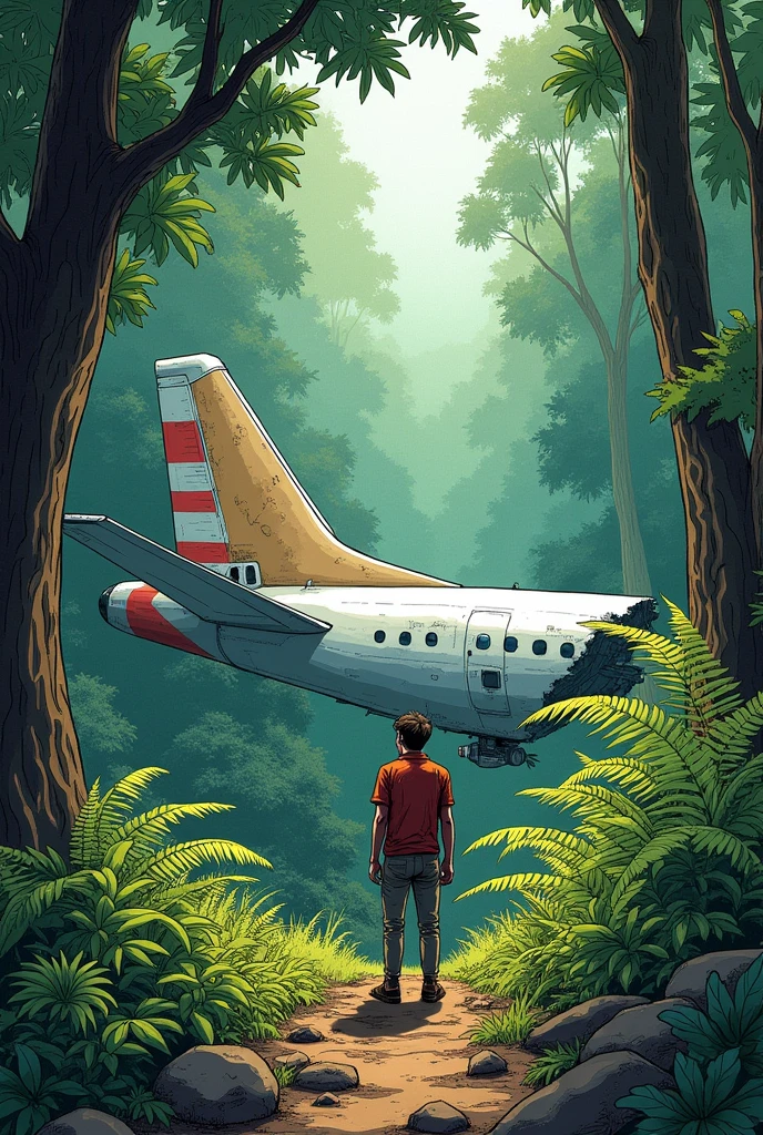 I need to create a comic drawing where a person appears in a forest with the tail of a crashed plane split in half., do it in a drawing style