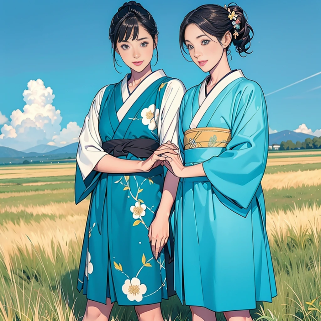 Double,Japanese Hairstyle,Photorealism,detailed,masterpiece, boys and little,child,Smile old hands,grassland,Blue sky