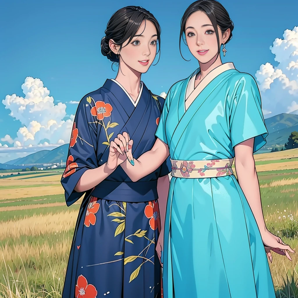 Double,Japanese Hairstyle,Photorealism,detailed,masterpiece,Little boys and little girls,child,Smile and hold hands,grassland,Blue sky