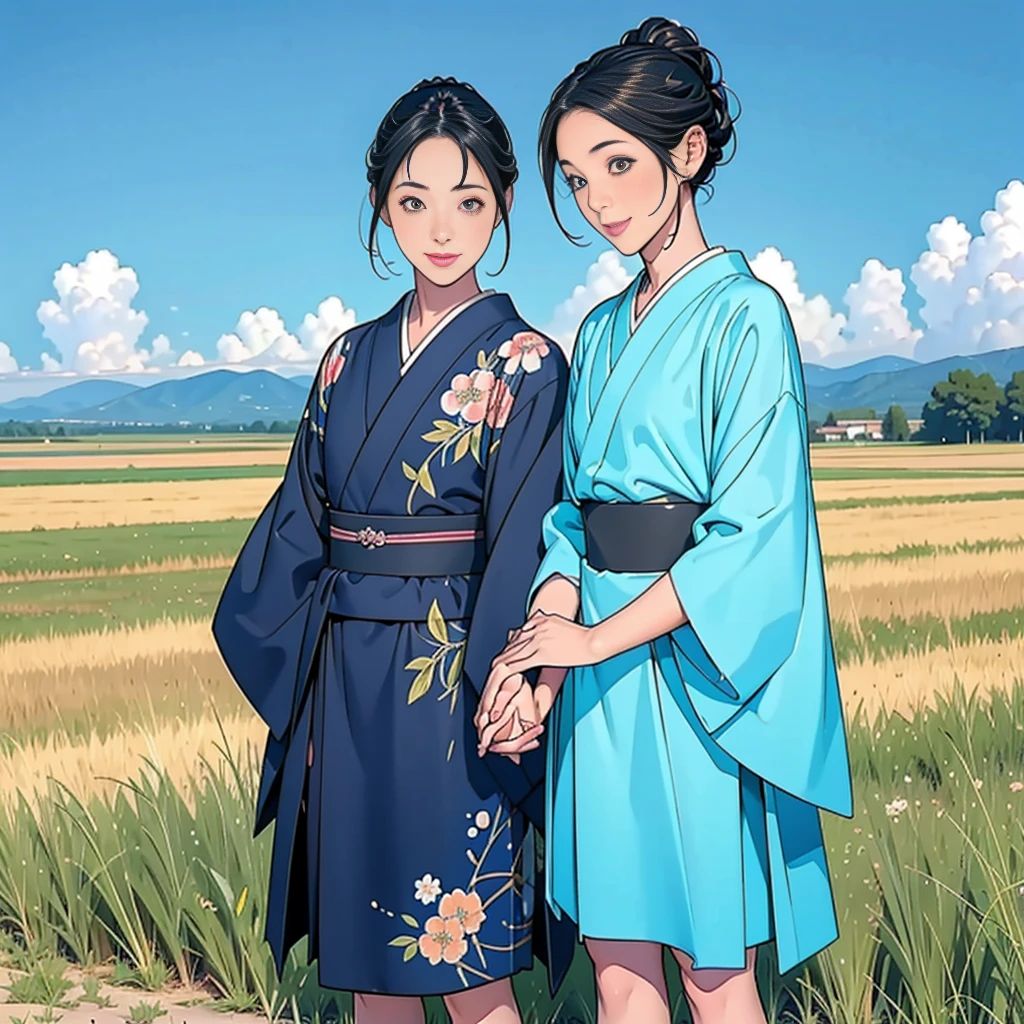 Double,Japanese Hairstyle,Photorealism,detailed,masterpiece,Little boys and little girls,child,Smile and hold hands,grassland,Blue sky