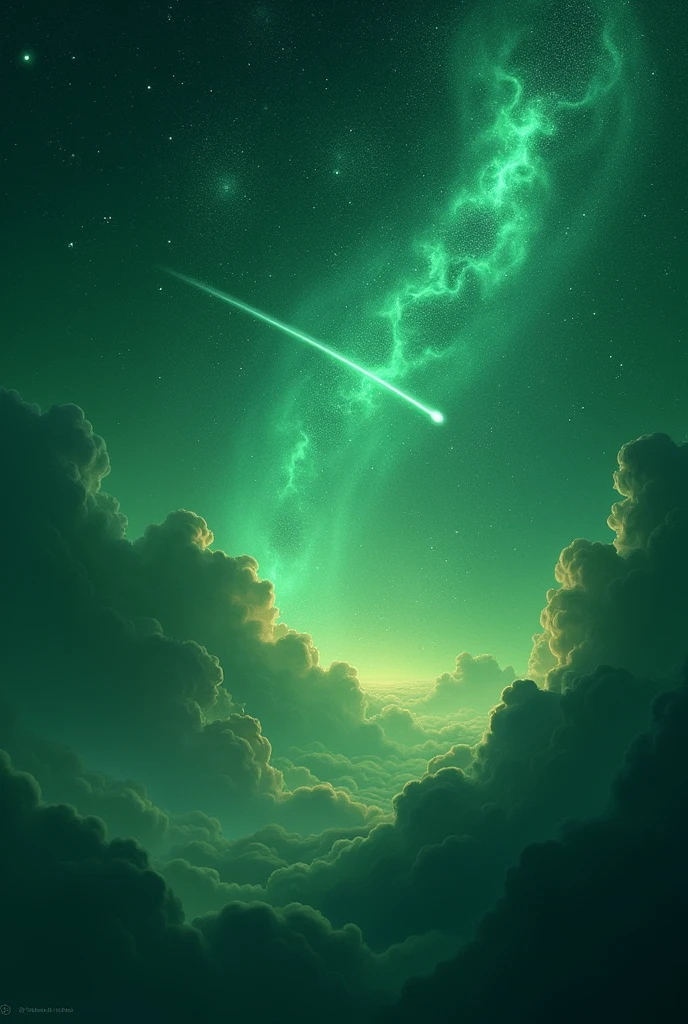 create an outer space sky with a green dominant color with a sprinkling of stars and comets lanscape