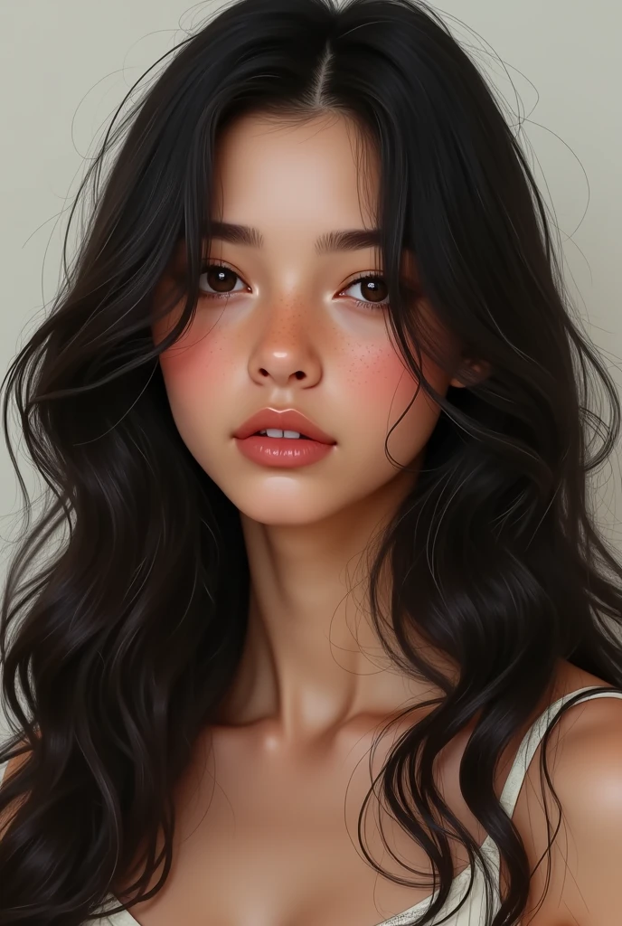 Help me make a girl hair: long, Wavy, and dark in color. Her hair is abundant and falls loosely., framing your face naturally.
face: Her face is oval with a warm skin tone.. It has some freckles or natural marks that give it a touch of authenticity..
eyes: Their eyes are medium sized and have a dark color..
nose: She has an average sized and shaped nose that complements her face well..
Lips: Her lips are of a normal size,
