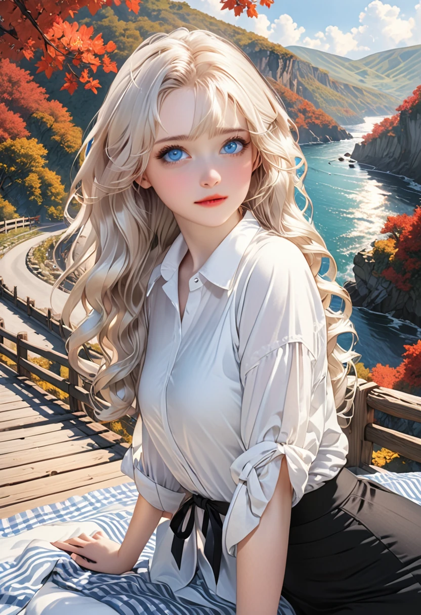 Illustration, detailed illustration, ultra detailed, dynamic angle, 1 girl, beautiful, platinum blonde, long hair, wavy hair, cold blue eyes, pale skin, emotionless, disdainful, outdoors, scenic view, white shirt, black shorts, natural setting, trees, cliffside, picnic blanket, wooden bridge in background