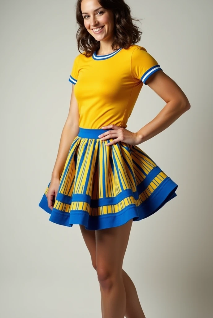 Yellow and blue cheaerleader style dress and put blue planks alternating inside with yellow on the skirt, one-piece blouse that is more yellow than sports blue