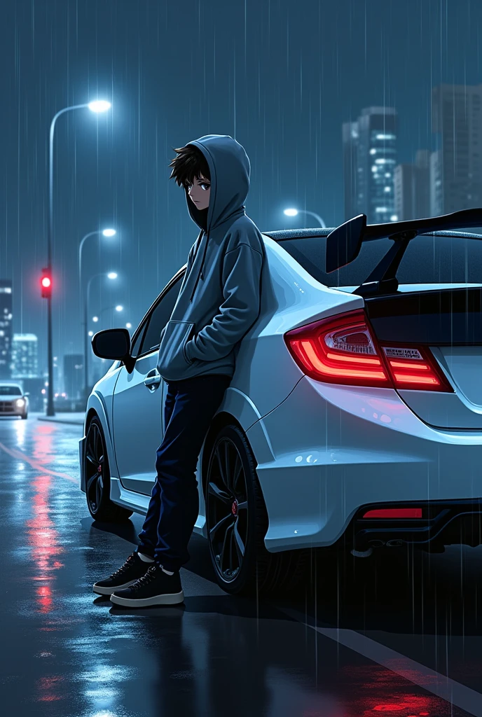 an anime style drawing of a guy in a hoodie and sweatshirt leaning against his white 2013 Civic lxr with a black roof and black spoiler on a rainy night