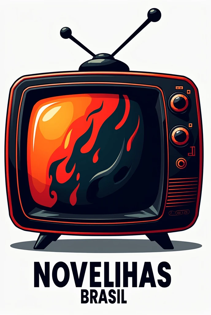 Por favor, create a logo that includes an image of a TV and the name 'Novelinhas Brasil'. O fundo deve ser blackw, which will make the design stand out. TV should be the central element, and the name 'Novelinhas Brasil' should be styled so that it stands out against the light white background. Use vibrant colors inspired by the Brazilian flag (rot, orange, blackw) for TV and text elements, criando um contraste marcante ,attractive and realistic