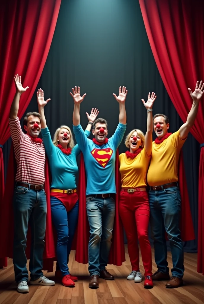 Group of 5 ordinary people, men and women, between 8 and 60 years of age, dressed as superman with a cape, They wear colorful shirts, They wear a small red Clown nose, They have their arms raised and have expressions of joy, They are standing in the middle of a theatre stage with the curtain open. 