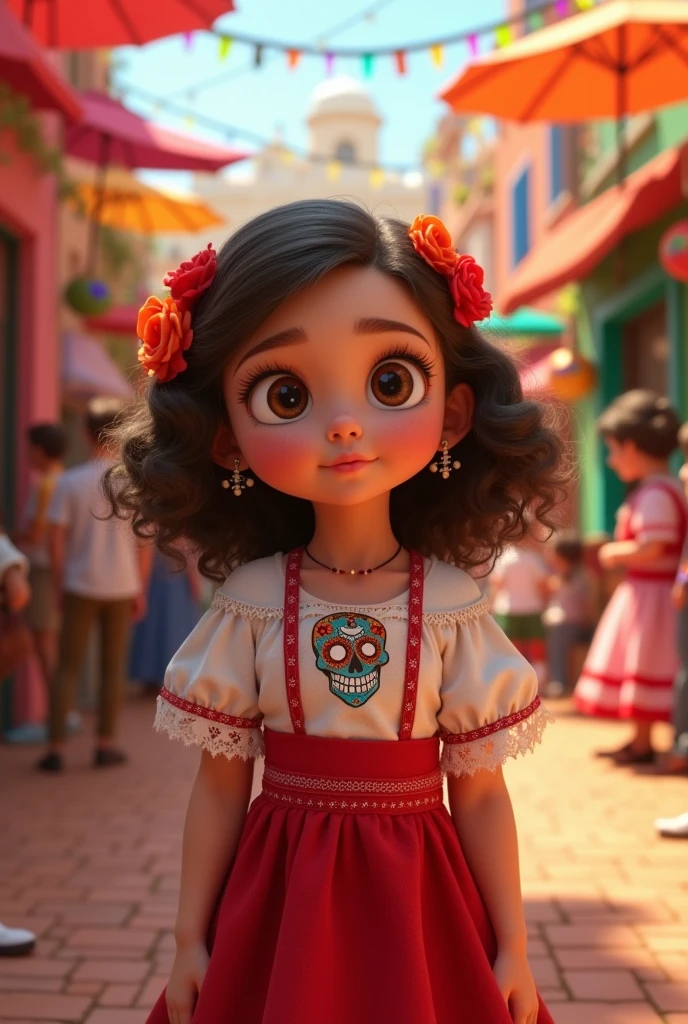 a child with medium hair ,up to the shoulder very curly brown, eyes browns , skin fair. dressed in a red dress skirt and white top Mexican mariachi style without a hat with the background of the movie Viva la Vida is a Party by Disney Pixar with Mexican skulls
