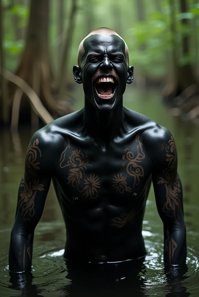 Tattom male model shaved head pointy mustache, soul pach, tall, slim fit, screaming, al of hes body, eccept the face, is painted black, cavaring all tattos in luisiana swamp