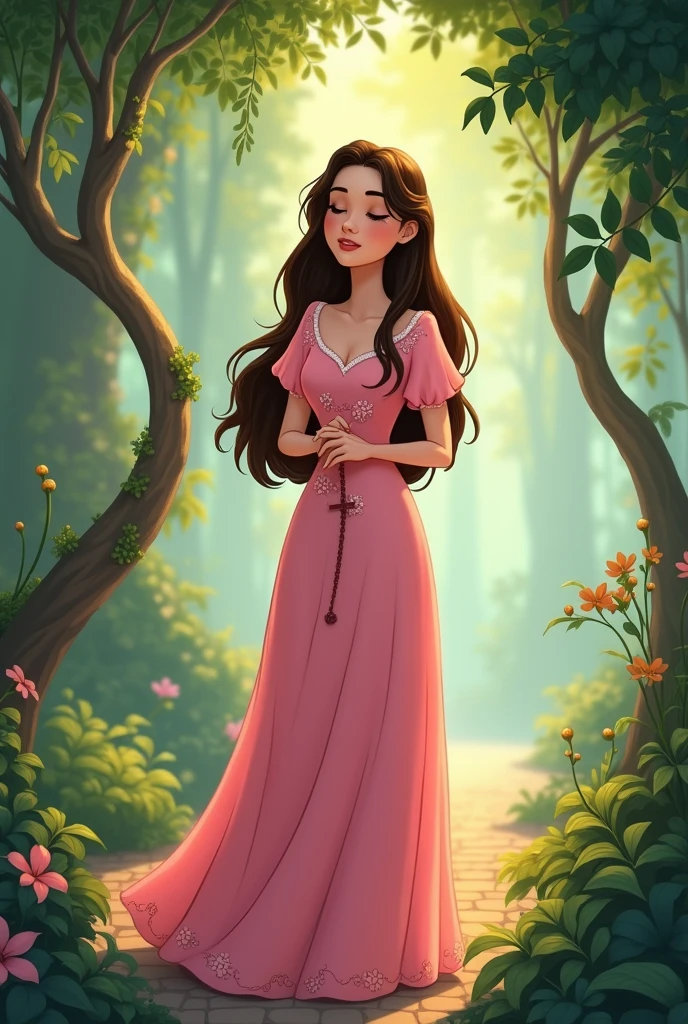Image of young woman in long pink dress with small flower embroidery, long branch, no cleavage, vintage style, rosary in hand and looking down, de olhos fechados. Disney cartoon style, with vivid and vibrant images.