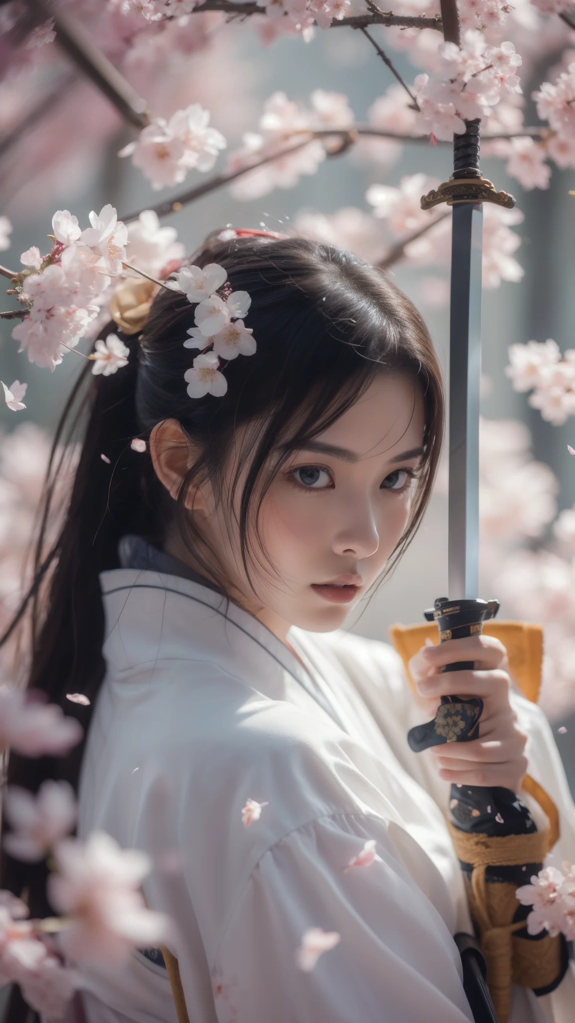 ((A beautiful woman holding a sword)), whole body, Hakama style, Wearing zori shoes, Combat pose, Black hair ponytail, (masterpiece, 最high quality, high quality, High resolution, Very detailed), Background is cherry blossoms, Cherry blossom petals fluttering, Glossy, beautiful lips, KPOP idol faces