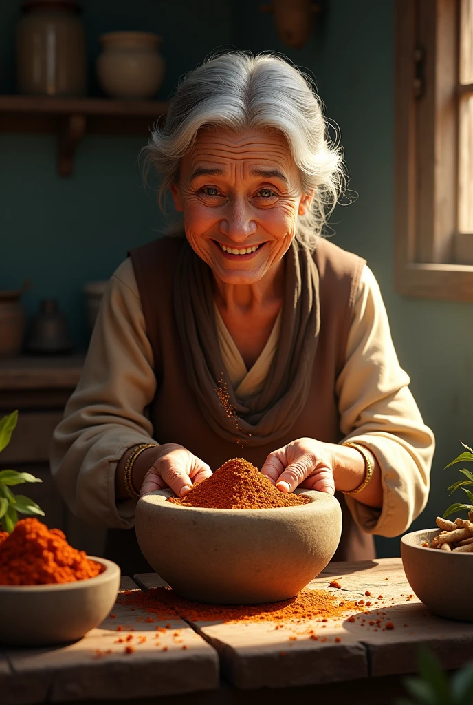 Village old lady grinding spiced in old traditional way and she should look Happi