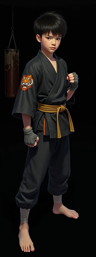 Put a karate kimono on the boy in the picture with a drawing of a fierce tiger on the left sleeve, his 2 fists are bandaged with black bandanas. His right arm is raised with clenched fists in front of his right chest, a slightly clear and reddish flame emanates from his right fist. He will be in an environment similar to an old martial arts dojo with worn-out equipment due to intense training, the place will be half darkened with a light light highlighting the boy in the photo, next to the boy there will be a torn and well-worn punching bag due to the blows given by the boy. The boy has a serene face and a slight confident smile.