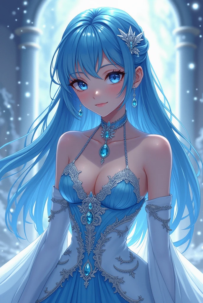 A 24 year old girl, of bright sky-blue hair like a crystalline blue river, aquamarine eyes crystalline like sparkling gems, with delicate and fine features and a beautiful lace dress, quite revealing and water-colored, adorned with pearls and crystal roses. 