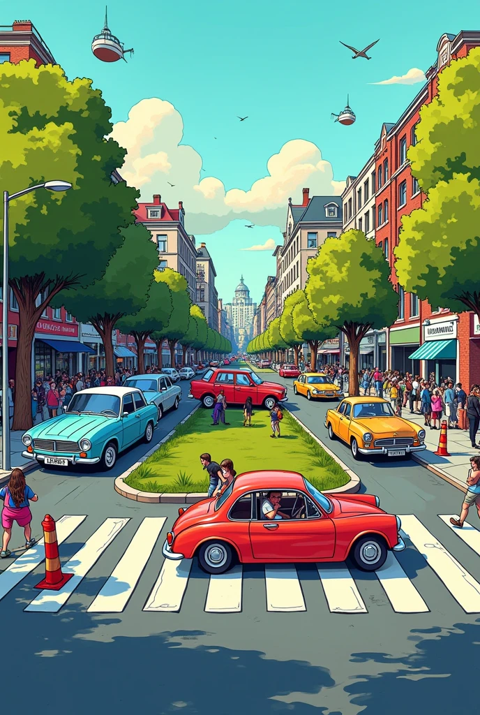 city with a car on the grass in the square, a second car on top of the pedestrian crossing, five other cars on the streets and a boat behind those cars, pedestrians walking between cars, image in comic book drawing
