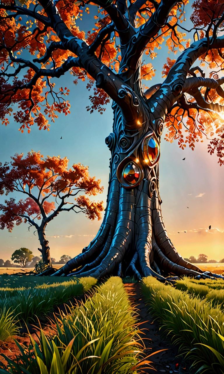 (8k, CRU photo, highest quality) The scene should be set in an open field with grass, with a massive tree at the center of the photo. The tree has a large trunk, and the sky should reflect a late sunny day with a sunset featuring red, orange, and blue hues. (((dynamic composition:1.3))), soft lighting, cinematic lighting, light volumetric, hyper-realistic, vivid details, clear as crystal, 8K UHD, ultra photo realism, best quality, work of art, extremely detailed CG, unity, wallpapers (realistic, photorealistic: 1.37), shining, fine-details, (((Depth of field:1.5))), (((atmospheric perspective:1.4)))