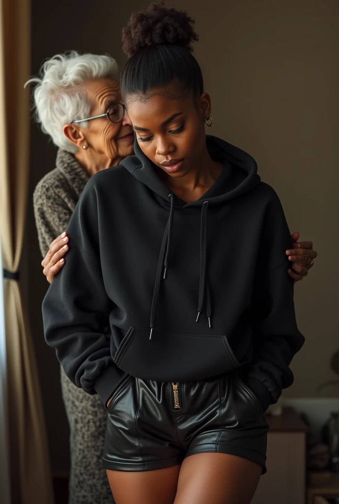 black woman hair in a bun black hoodie black leather short shorts being fucked in the ass by a old grandma in a dress