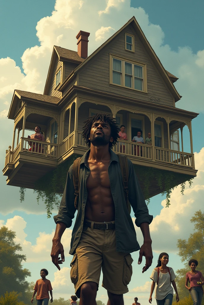 (photorealism:1.2),  Homme ???? triste, habillé avec un vêtement chiré, avoir le dos baissé, avoir sur son dos une belle grosse maison, avec sa famille dans la maison où la femme et les enfants rient et la femme entrain de regarder un feuilleton sur nouvelas sur une tablette 