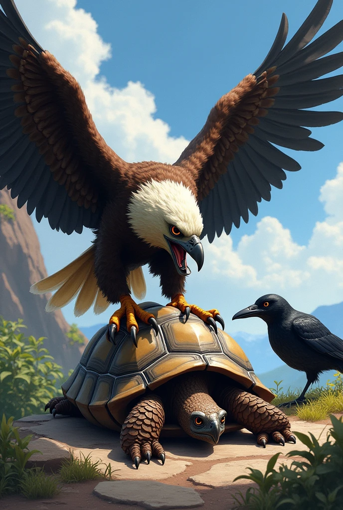 The crow flew over and saw the eagle using its claws to scratch the turtle's shell.