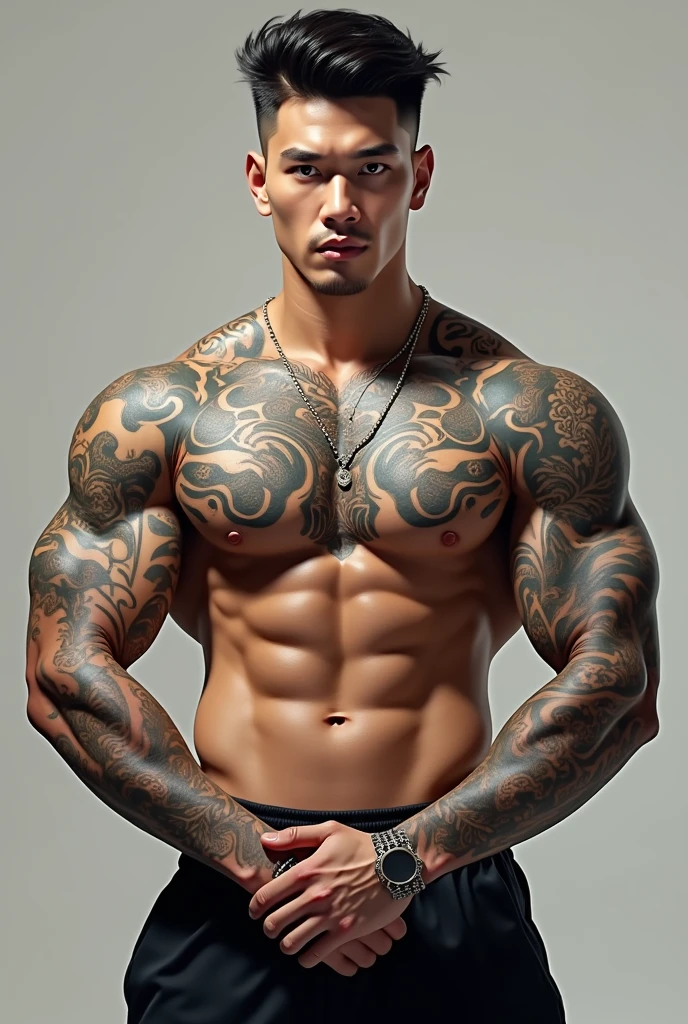Create a handsome Korean man with tattoos on his body and a bit stocky